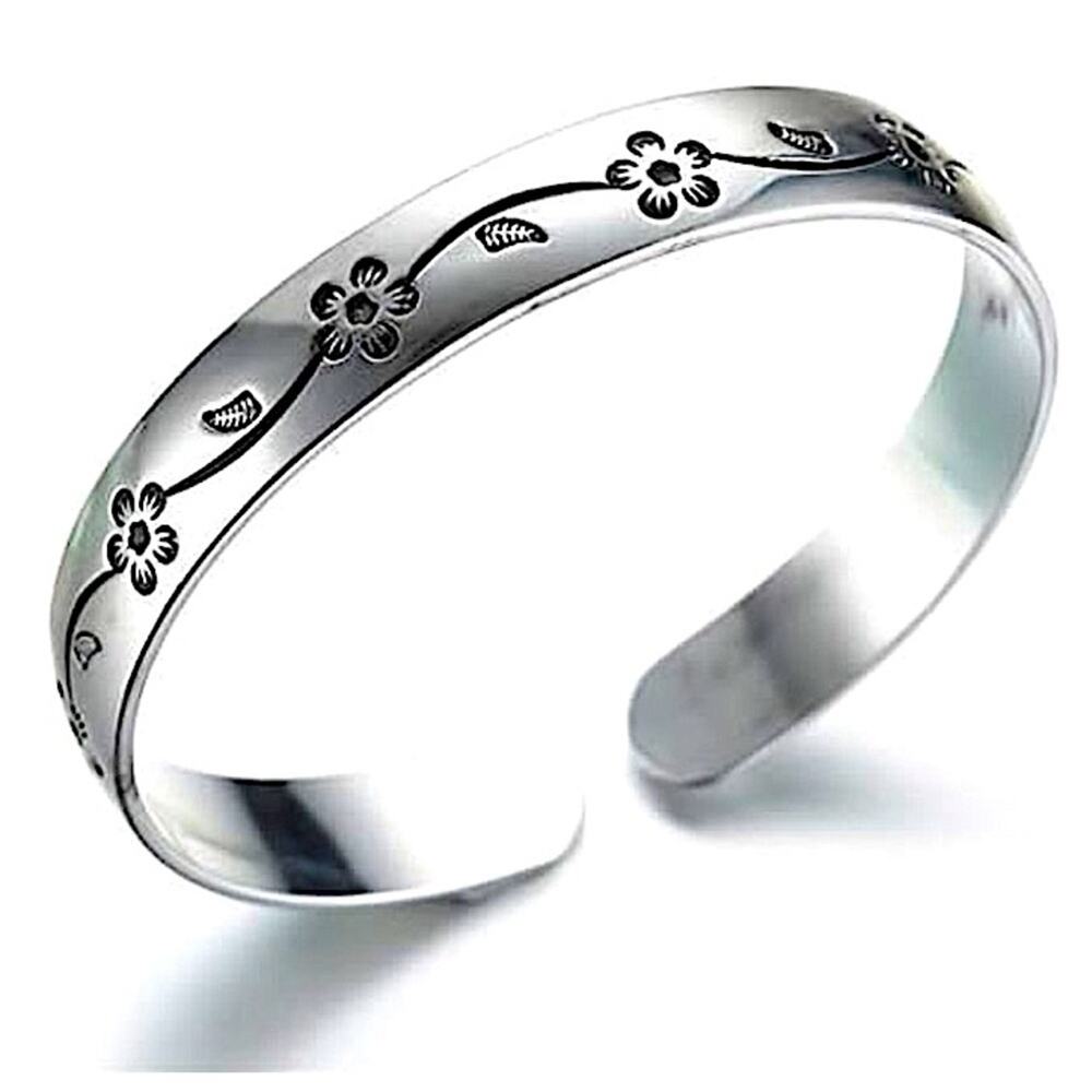 Sterling Silver Flower Bangle Adjustable Cuff Bangle Bracelet - Picture 2 of 5